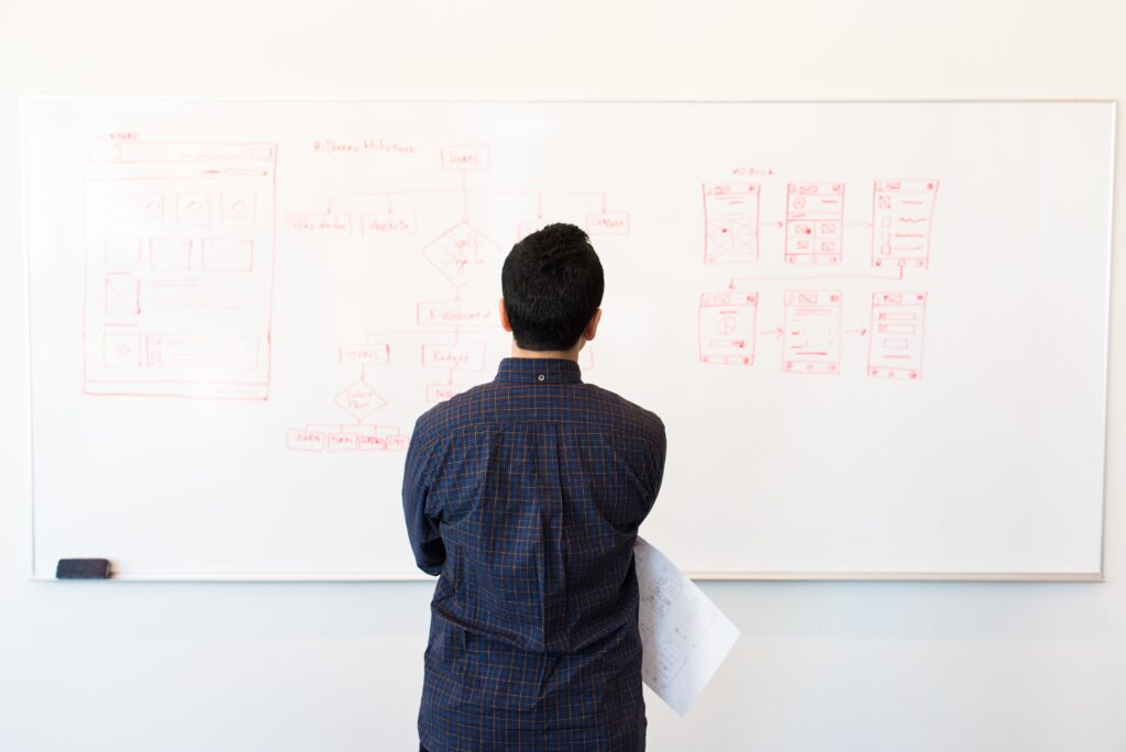 A Person At A Whiteboard Looking And Writing